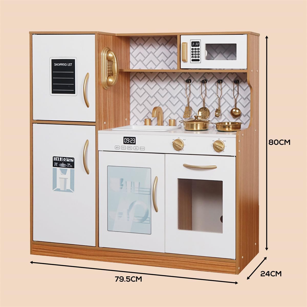 Wooden Play Kitchen Toy Set with Light, Kids Children Pretend Toy Kitchen Playset, Sink Play Toy Oven with Microwave,Toddler Cooking Set Toy for Ages 3+ - Image 3