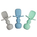 UpwardBaby Self-Feeding Spoon with Choke Barrier - Silicone Baby Spoons Toddler Utensils for Home & Travel, Textured Tips Massage Gums & Baby-Led Weaning, Tiny, Pack of 3, Blue/Gray/Mint