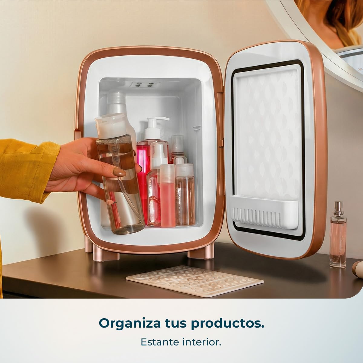 Cecotec Nevera Pequeña de Cosméticos 4L con Espejo CoolingBeauty 4000 Mirror Rose. Luz LED con 3 Intensidades, Hasta 5ºC de Enfriamiento, Asa Superior, Bajo Ruido, Incluye un Estante Interior — view 9