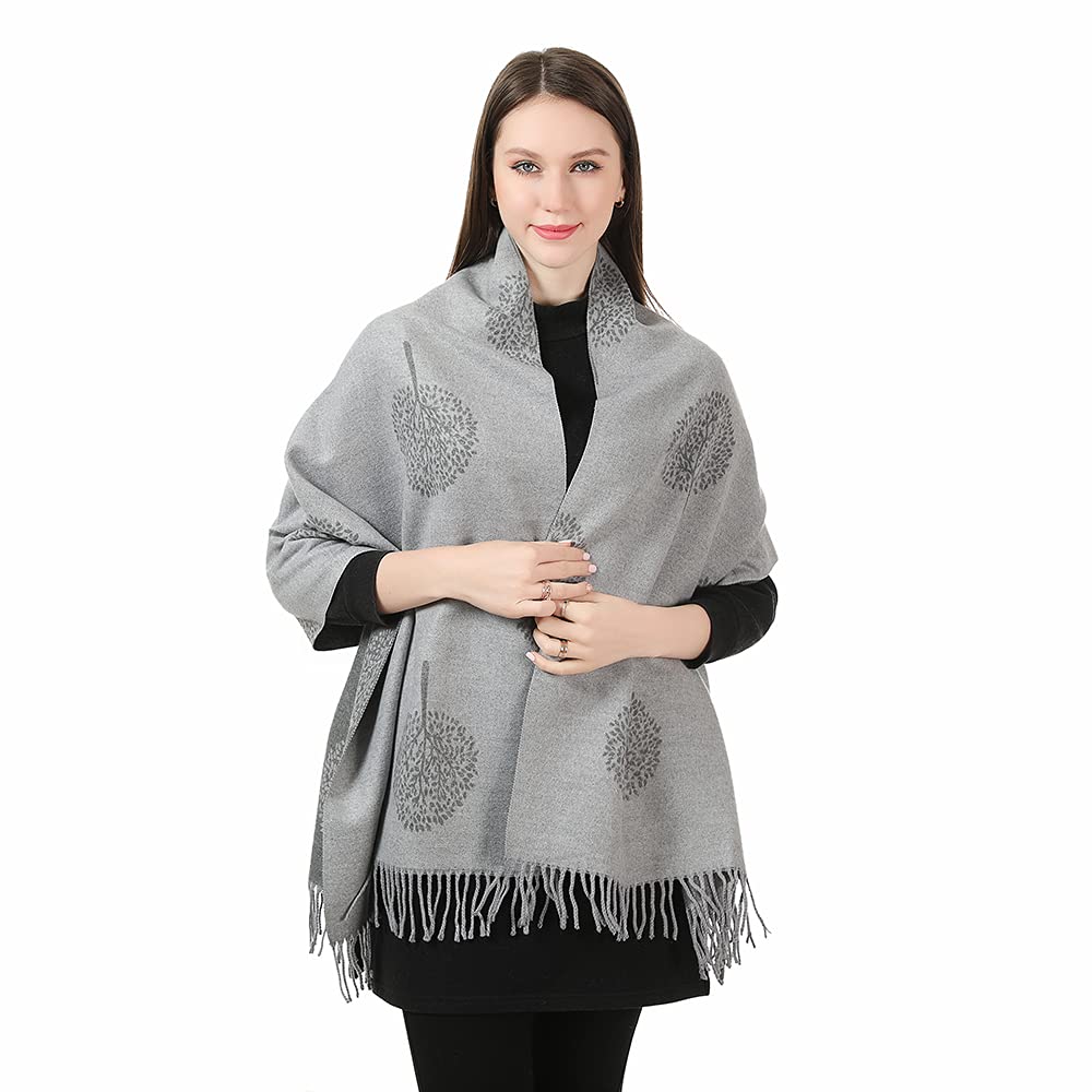London Scarf Mulberry Tree Scarf Reversible Long Cashmere Soft Women Ladies Tree Of Life (Grey/Silver)