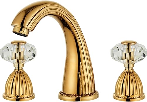Grifo de Baño Dorado de Latón Antiguo de Tres Agujeros con Mango de Cristal Grifo de Lavabo de Baño Retro Vintage Grifo de Lavabo de Tocador