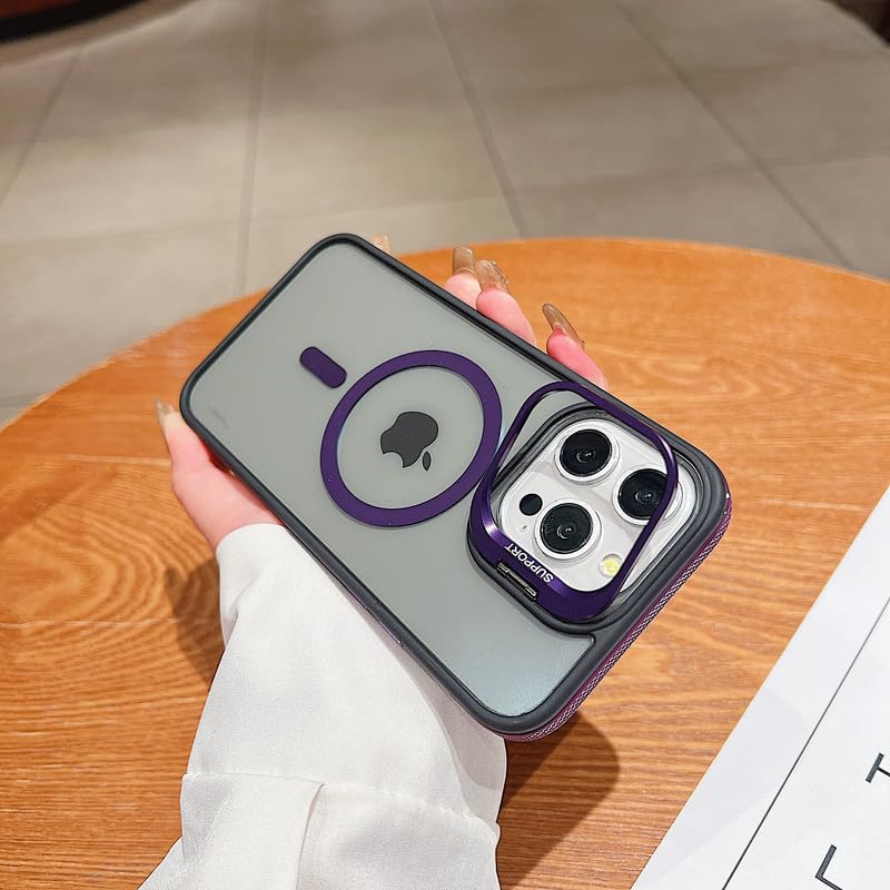 Image of LuxuryKase Smoked Clear MagSafe Case for iPhone 15 Pro | Metal Camera Guard Kickstand | Rugged Grip Edge | Hard PC Back + Soft TPU | Wireless Charging Support - Purple