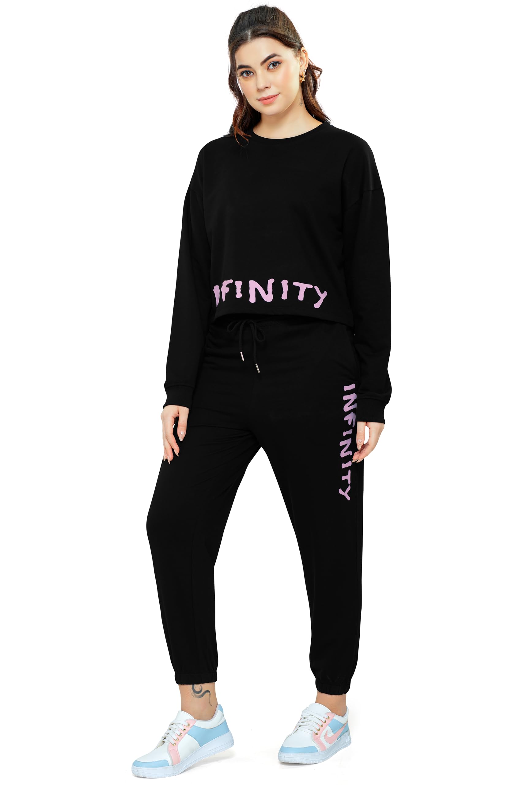 zeyo Women Cotton Track Suit Typography Printed Crop Top Co-ords Set-picture-43