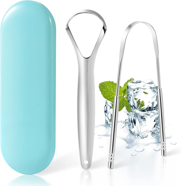Annhua Tongue Scraper with Storage Box, 2 Pack Stainless Steel Tongue Cleaners(U Shaped & Handle Shaped)