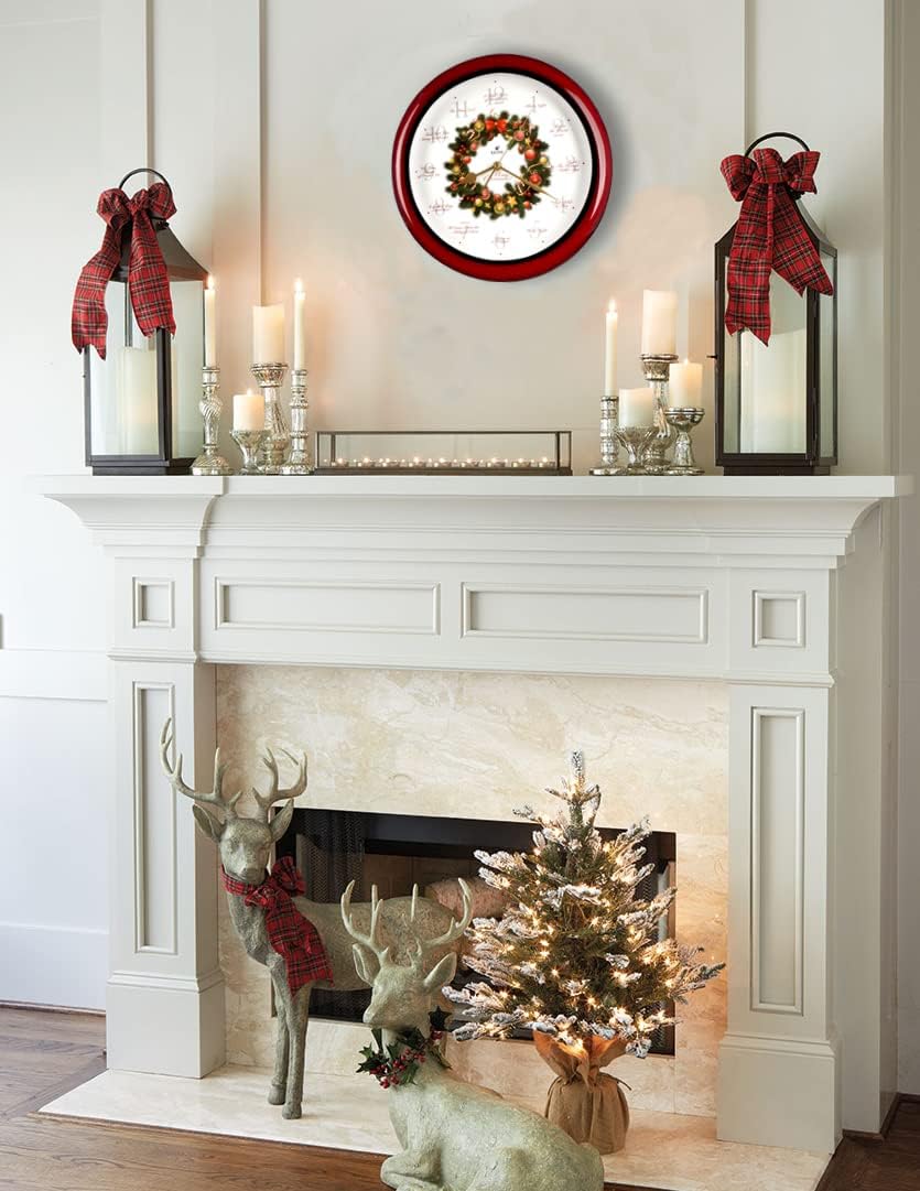 JUSTIME 14-inch Round Christmas Musical Wreath Melody Wall Clock in Red