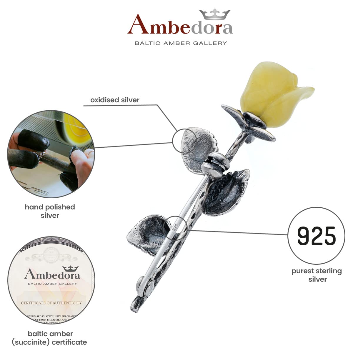 Broche en argent 925 oxydé, ambre rose sculpté à la main, petite broche en argent avec rose ambrée, 3 g, Argent sterling, Ambre