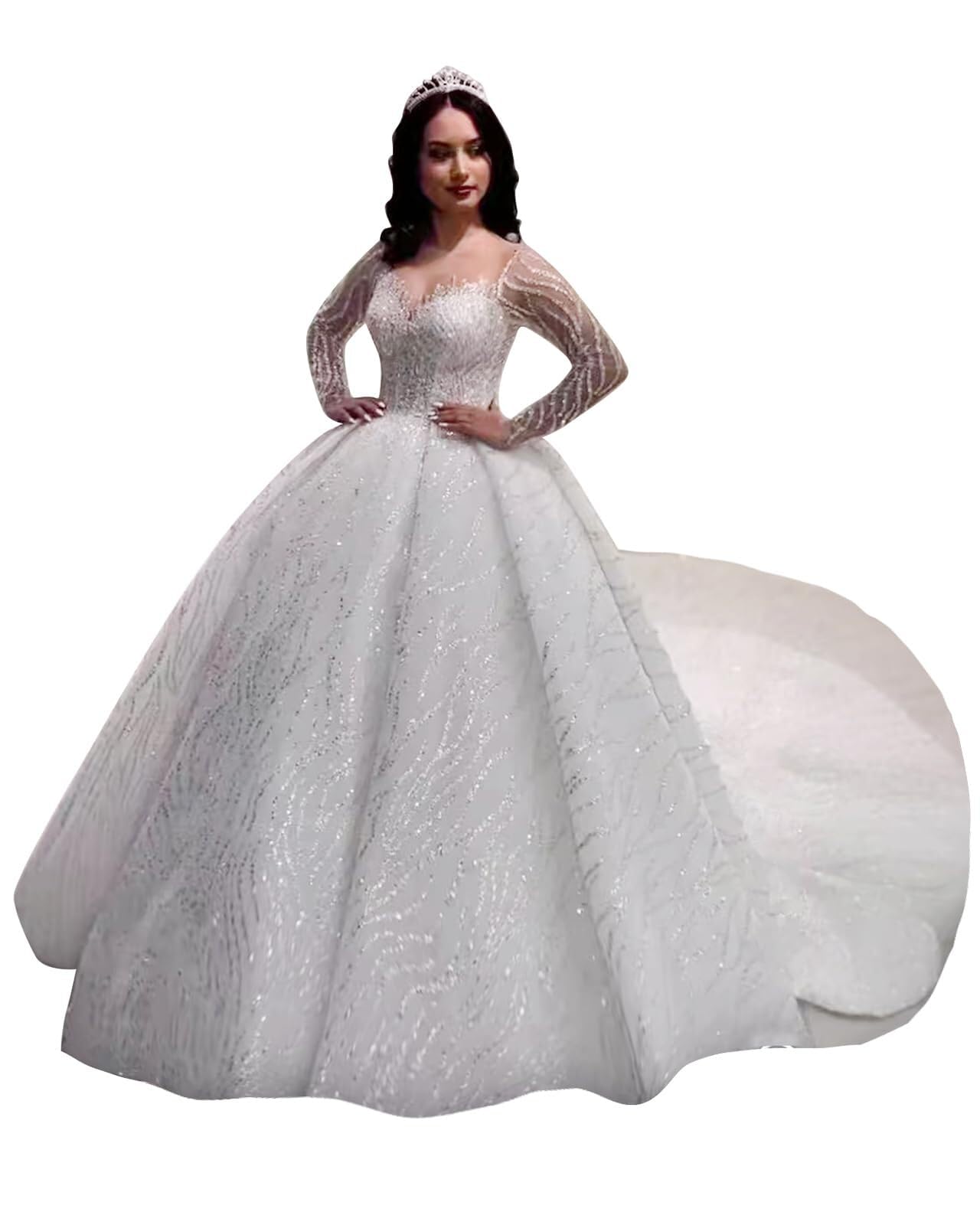 Photo 1 of Tulle Wedding Dresses for Bride with Lace Appliques A Line Women Dress Long Sleeves Beach Bride Dress with Train HS006-16
