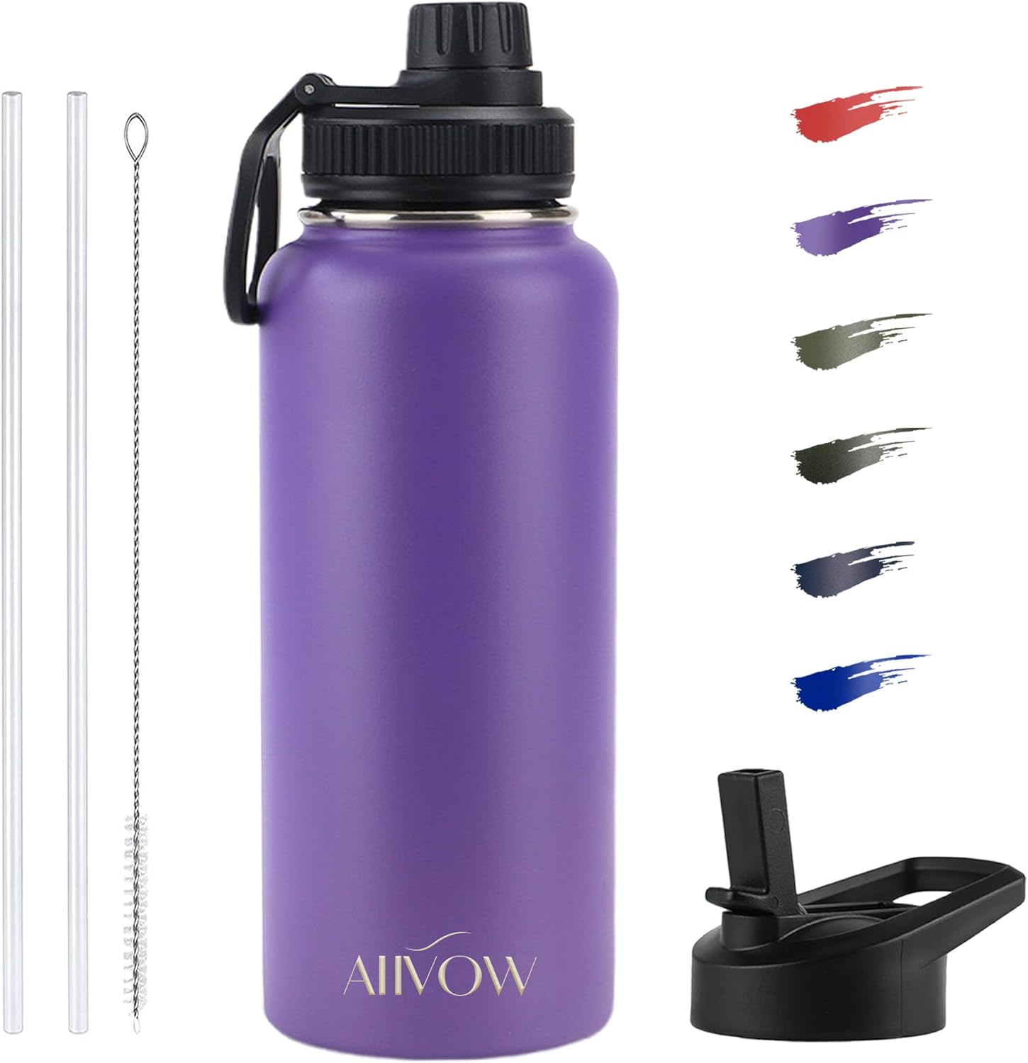 Purple Water Bottle 32 oz with Straw, Metal Vacuum Stainless Steel Water Flask, Leak Proof & BPA-Free Sports Mens insulated Water Bottle (2 Lids) for Gym,Hiking,Travel