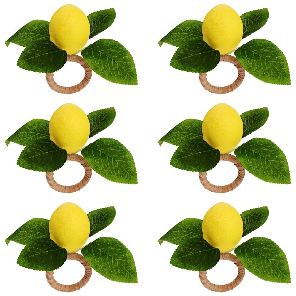 Set Da Tavola Estivo A Forma Di Limone - 6 Portatovaglioli In Legno + 6 Tovaglioli In Poliestere 50x50 Cm, Decorazione Per Cene E Feste