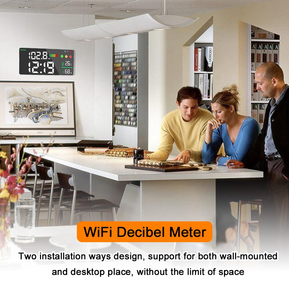 Décibelmètre Sonomètre WiFi 4 en 1, Test de bruit Température Humidité, Réveil, Écran LED 11 pouces