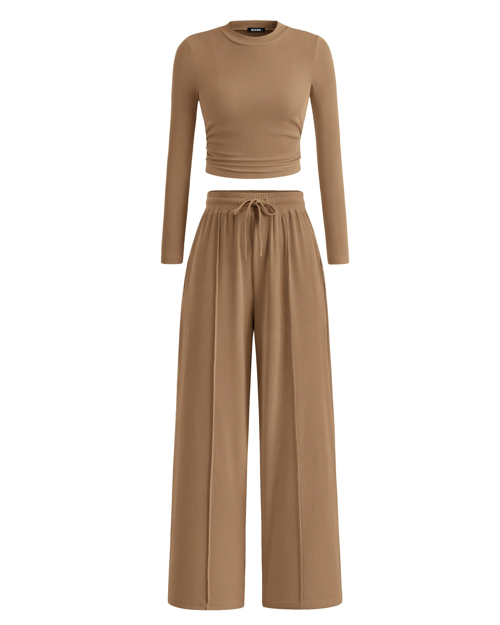 BTFBM Casual 2 Piece Sets For Women Fall Outfits 2026 Ribbed Spring Long Sleeve Crop Top Wide Leg Pants Matching Lounge Set