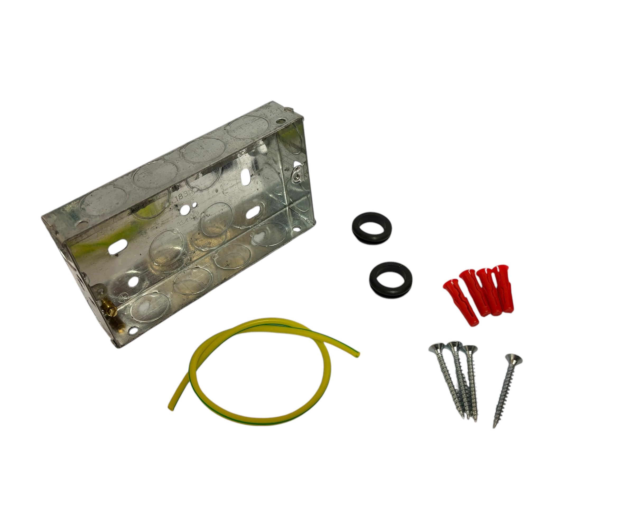25MM 2 GANG METAL BACK BOX WITH ACCESSORIES, 1 × 25MM 2 GANG METAL BACK BOX, 4 × SCREWS (4.5 × 40MM)