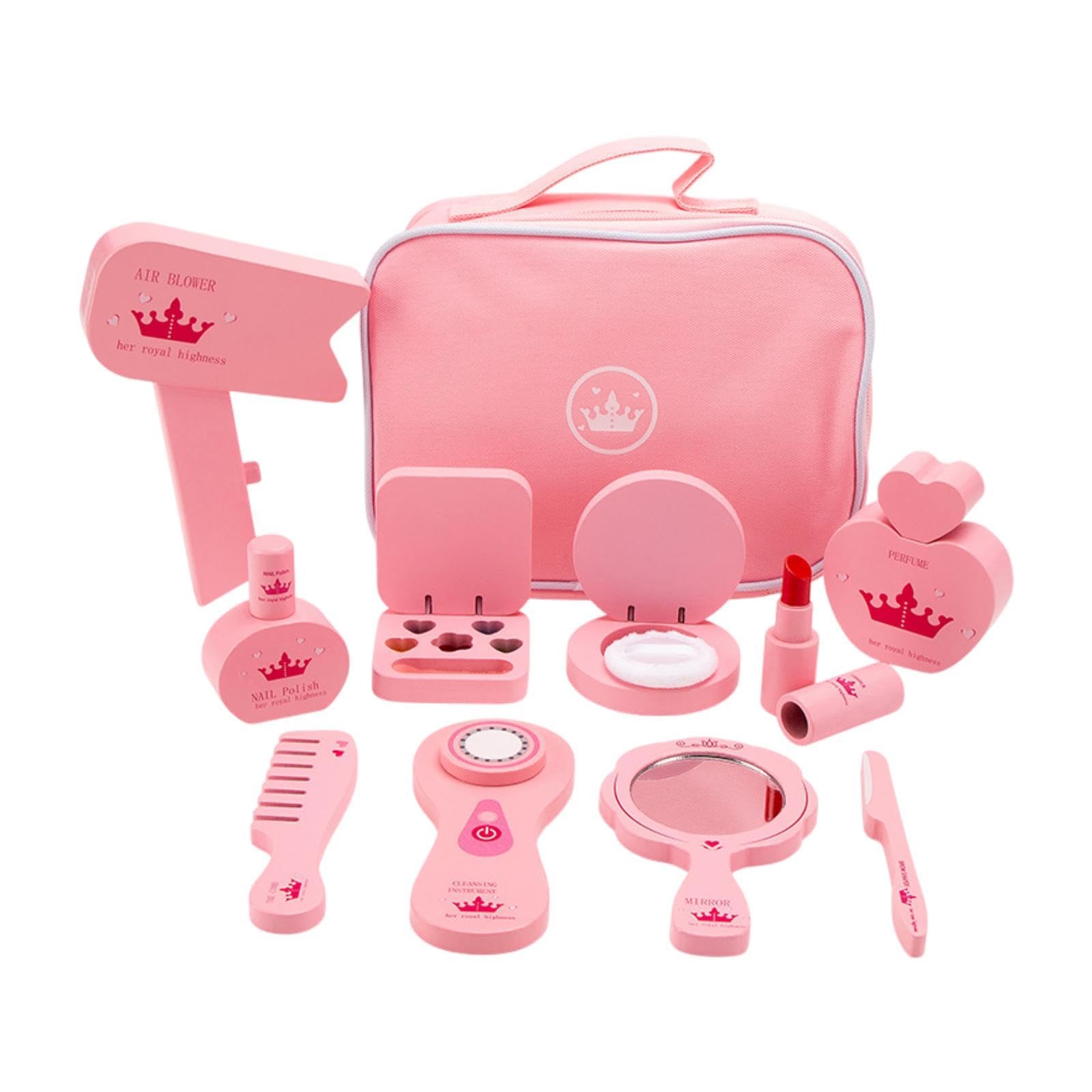 Set di Giocattoli per il Trucco Bambini, 10 Strumenti Cosmetici in Borsa Portatile, Tessuto di Legno, Giochi di Ruolo