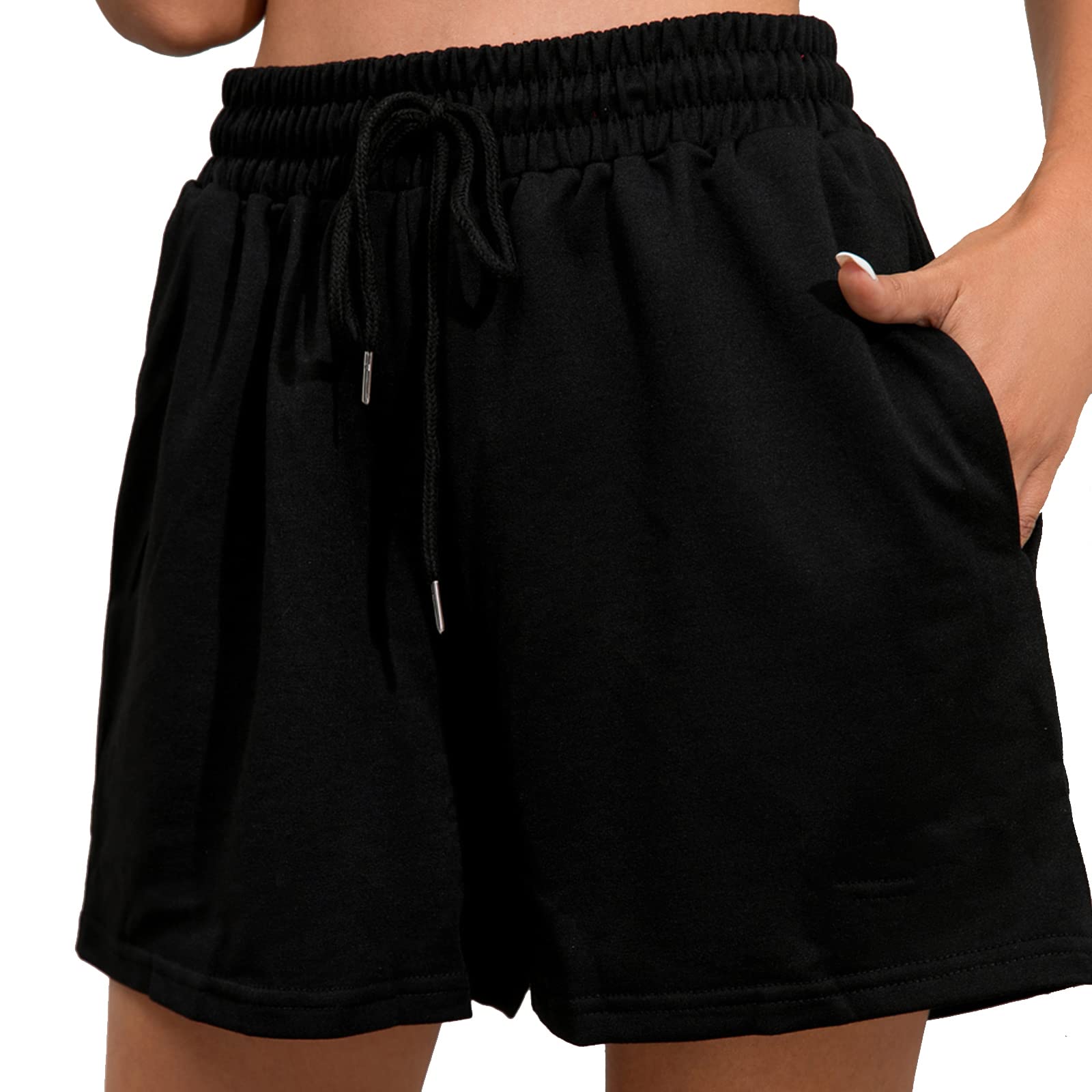 Damen Casual Shorts Kordelzug Taille Sweat mit Taschen Weich Relaxed Fit Athletic Sport Shorts, schwarz, Klein