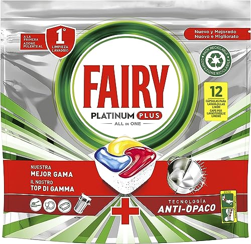 Fairy Platinum Detersivo Pastiglie Lavastoviglie Plus, Brillantante, 12 Capsule Lavastoviglie, Limone, Tecnologia Anti-Opaco Con Azione Brillantante, 