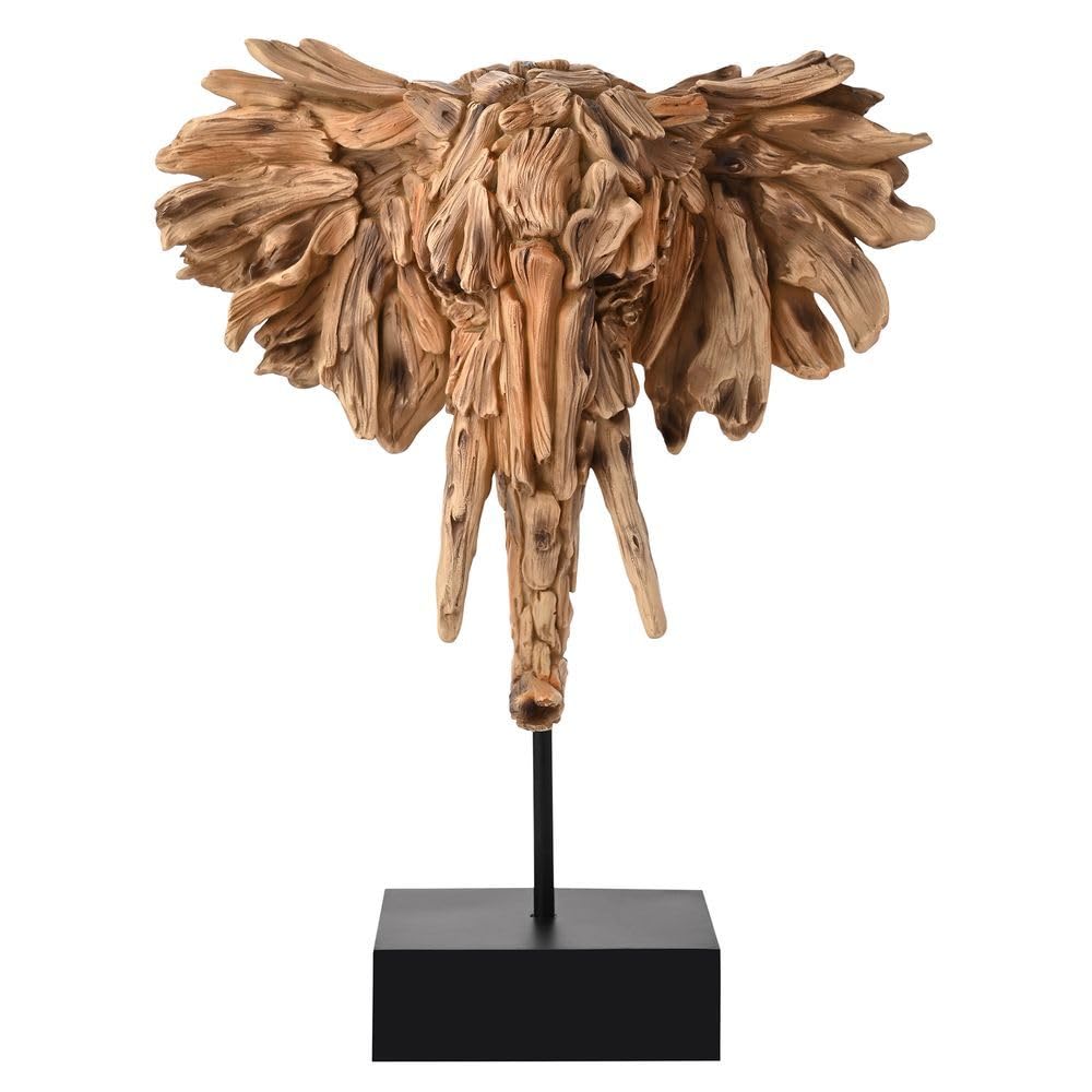 Widdop And Co Brown - Naturecraft - Driftwood Collection - Wood Effect Elephant Head On A Stand Statue/Figurine/Decorative Ornament - Homeware For Animal Lovers & Wildlife Enthusiasts.