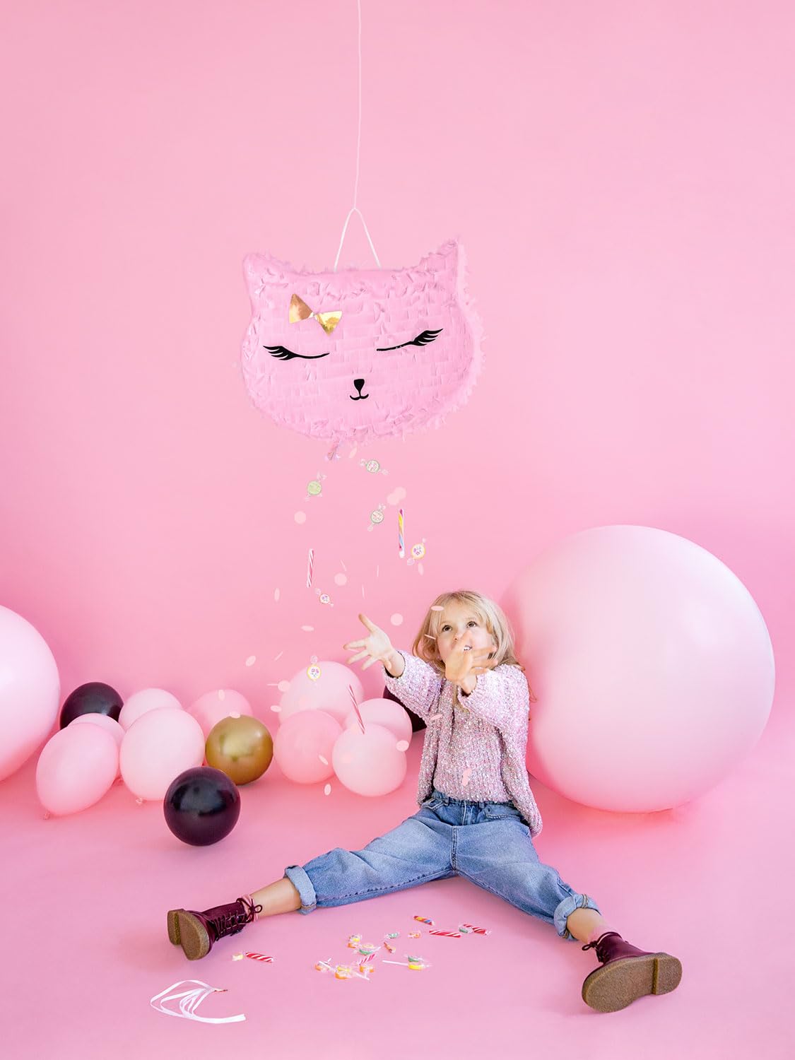 PartyDeco Pentolaccia en forma de cabeza de gato, piñata de cumpleaños para niños, rellena de dulces, regalos y golosinas, cartón o papel, PIN11