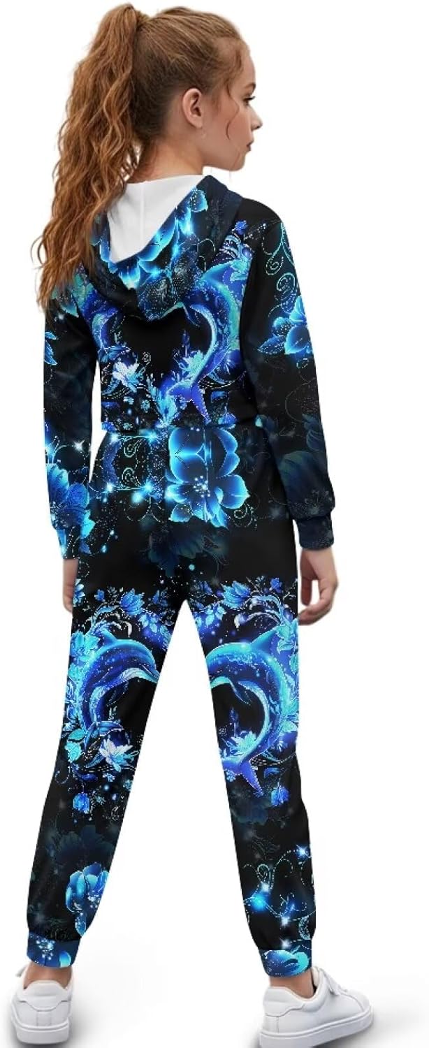 Renewold Kids Teens Crop Hoodie Sweatshirt Jogger Sweatpants 2 Piece Outfit Sweatsuits Set Girls Tracksuits Long Sleeve