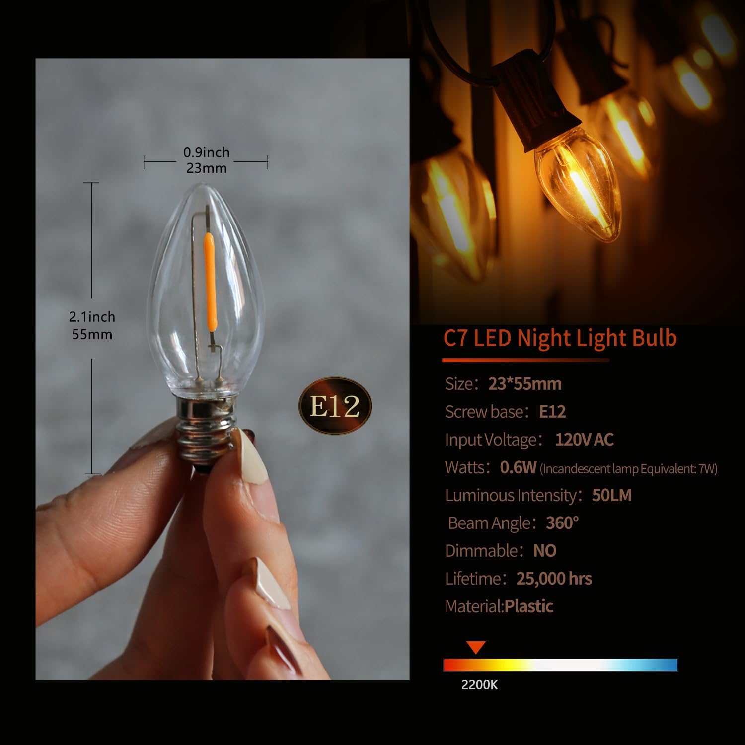 LED Night Light Bulb, Led Replacement Bulbs for Christmas String Lights, Shatterproof & Waterproof Led Bulbs, E12 Candelabra Base, 0.6W Equivalent to 7W, 2200K Warm White, Plastic 25 Pack - Image 2