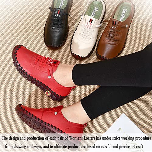 Women's Leather Soft Beef Tendon Flat Bottom Loafers Slip-On Handmade Round Toe Non-Slip Breathable Mom Leisure Walk Shoes (Red,10,Women,10) #TOP6