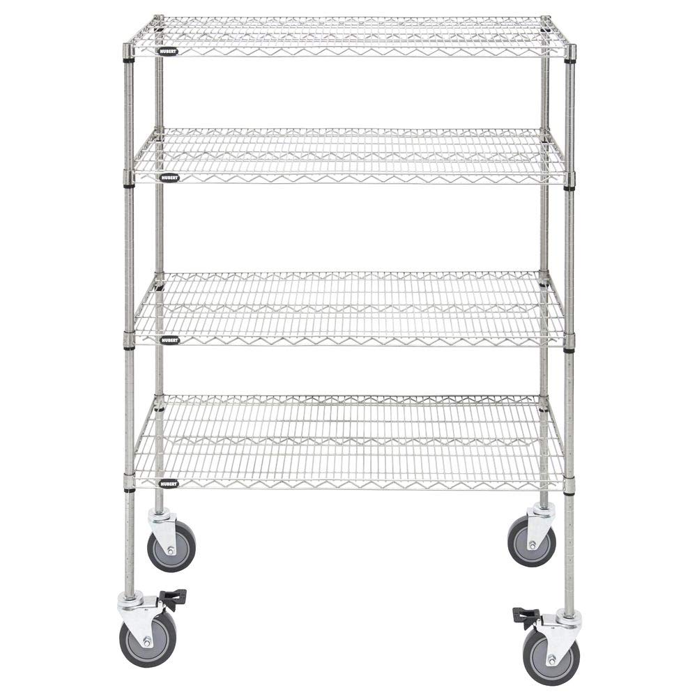 Mobile 4-Shelf Silver Wire Shelving Unit - 48" L x 24" W x 69" H by HUBERT – Alloy Steel, Silver, Model 93819+71360