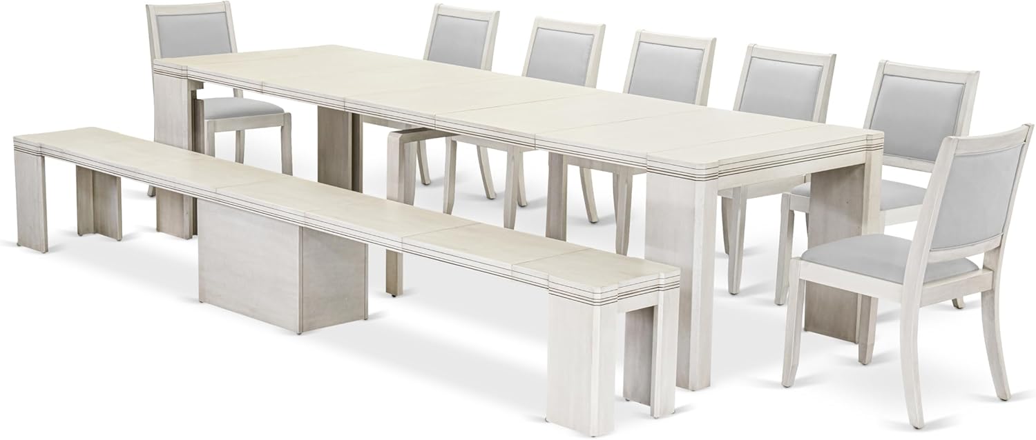 X07X2-B0W-27 - 9-Pc Kitchen Table Set includes an Extendable Rectangle Kitchen Table, 7 Stackable Polyester Fabric Chairs and 1 Modern Bench, 39x120 Inch, Antique White