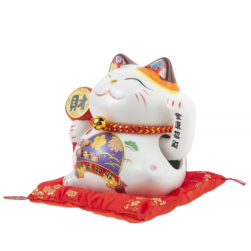 lachineuse - Statuetka kota Maneki Neko - symbol fortuny i szczęścia - ruchome ramię - tradycyjny japoński stojak na szczęście - 12x14x10 cm - Porcelana, biała - Działa na baterię LR03 nie wchodzi w