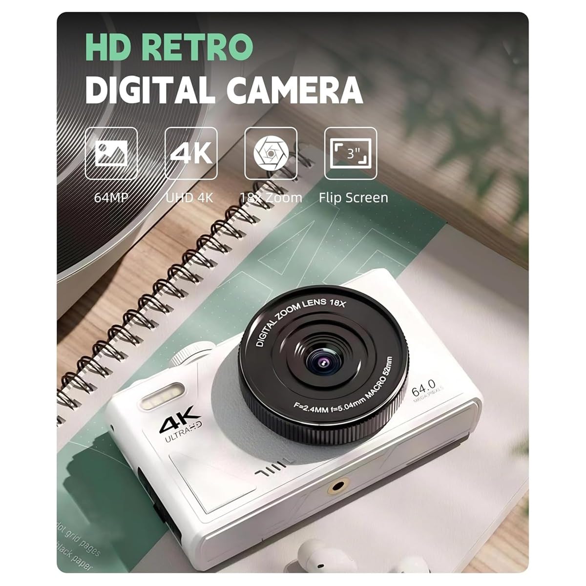 Appareil Photo Numérique 4K, Écran Rabattable de 3 Pouces, 64 MP UHD, Zoom 18x, Autofocus, Style Rétro Compact, Appareil Photo Portable