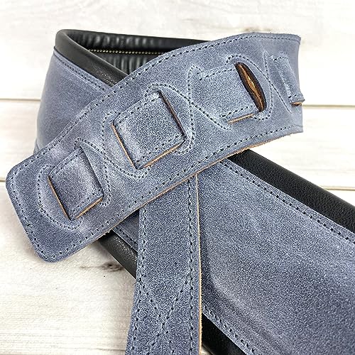 Walker And Williams C-22-BLU Handmade 3" Wide Washed Denim Blue Thick Premium Grain Leather Double Padded Guitar Strap For Acoustic, Electric, And Bass Guitars3