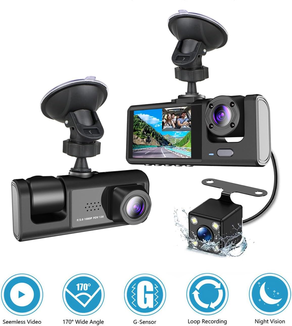 Daytona A98 BalckBox DVR WiFi Full HD 1080P 3 Kameralı Araç İçi Güvenlik Kamerası + Park Modu Kablosu Ön-Arka-İç Kayıt, DashCam