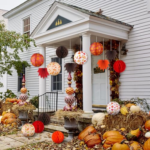 Image of Retisee 18 Pcs Fall Party Decoration, Maple leaf design, Autumn Paper Decor | Fall Paper Lanterns, Maple Leaves Hanging Fans, Honeycomb Orange Brown Lanterns for Thanksgiving Harvest Party