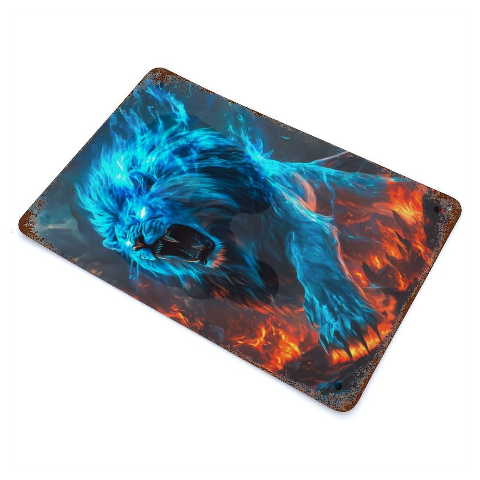 Blue Fire Lion Aged Metal Wall Plaque 11.8"x7.9", for Living Room, Hallway And Home Decor, Shabby Chic Decor