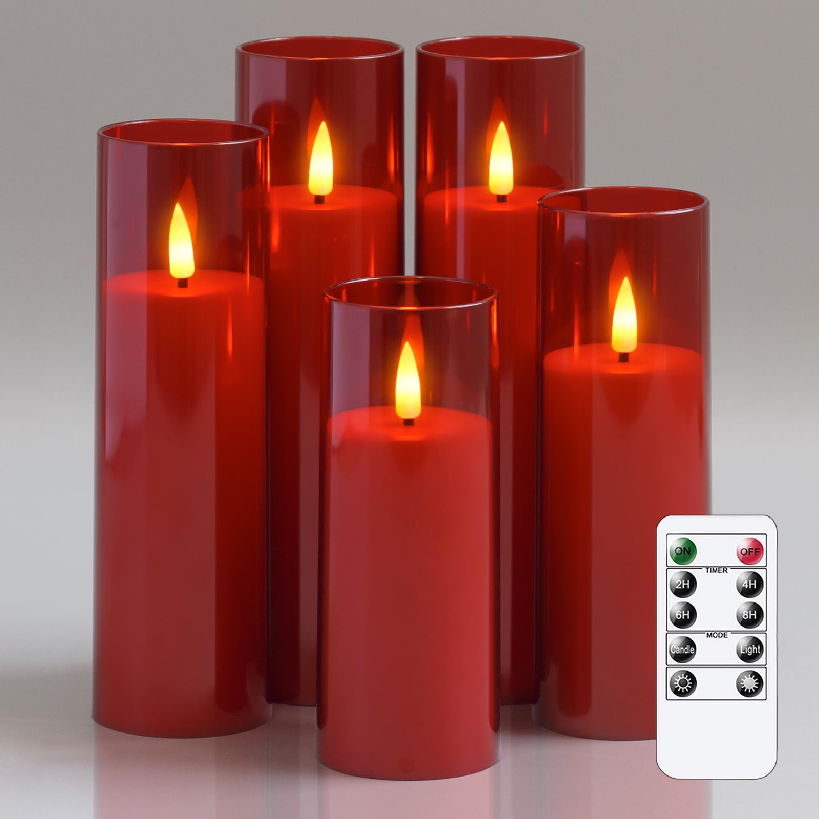 Yeelida Akril Flammenlose flackernde LED-Kerzen mit Fernbedienung und Timerfunktion, batteriebetrieben 5,5cm x 12,5 15 17,5 20 20cm Kunststoff-Kerzen für Heimdekoration (Langlebig, Rot)