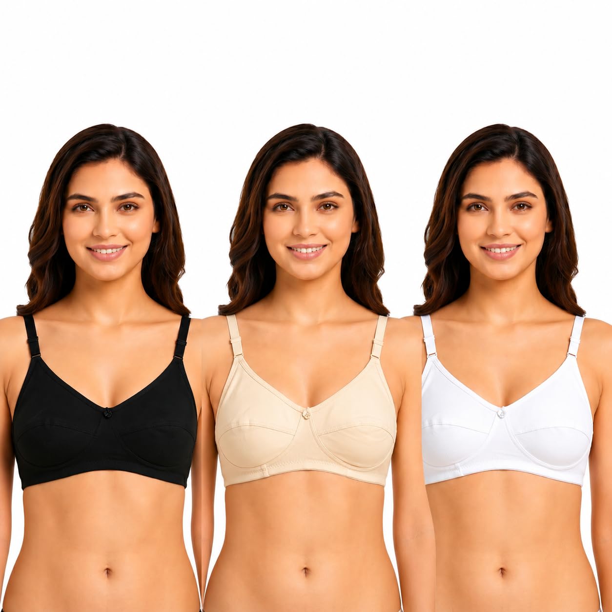 Women's Wire-Free Premium Everyday Comfort Non Padded Bra | Ultra Soft Breathable Cotton Blend Fabric | Full Coverage Adjustable Straps & Multi-Closure Combo Pack of 3 Black, Beige & White-picture-24