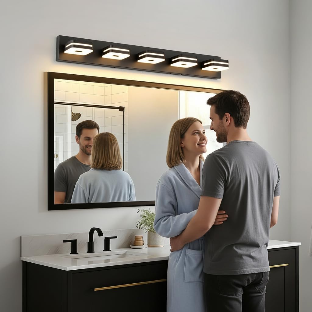 Modern Bathroom Vanity Light Fixture, 34" 5-Light Dimmable LED Wall Sconce Over Mirror, Matte Black Acrylic Vanity Lights for Bathroom, 5CCT Adjustable, Indoor Use