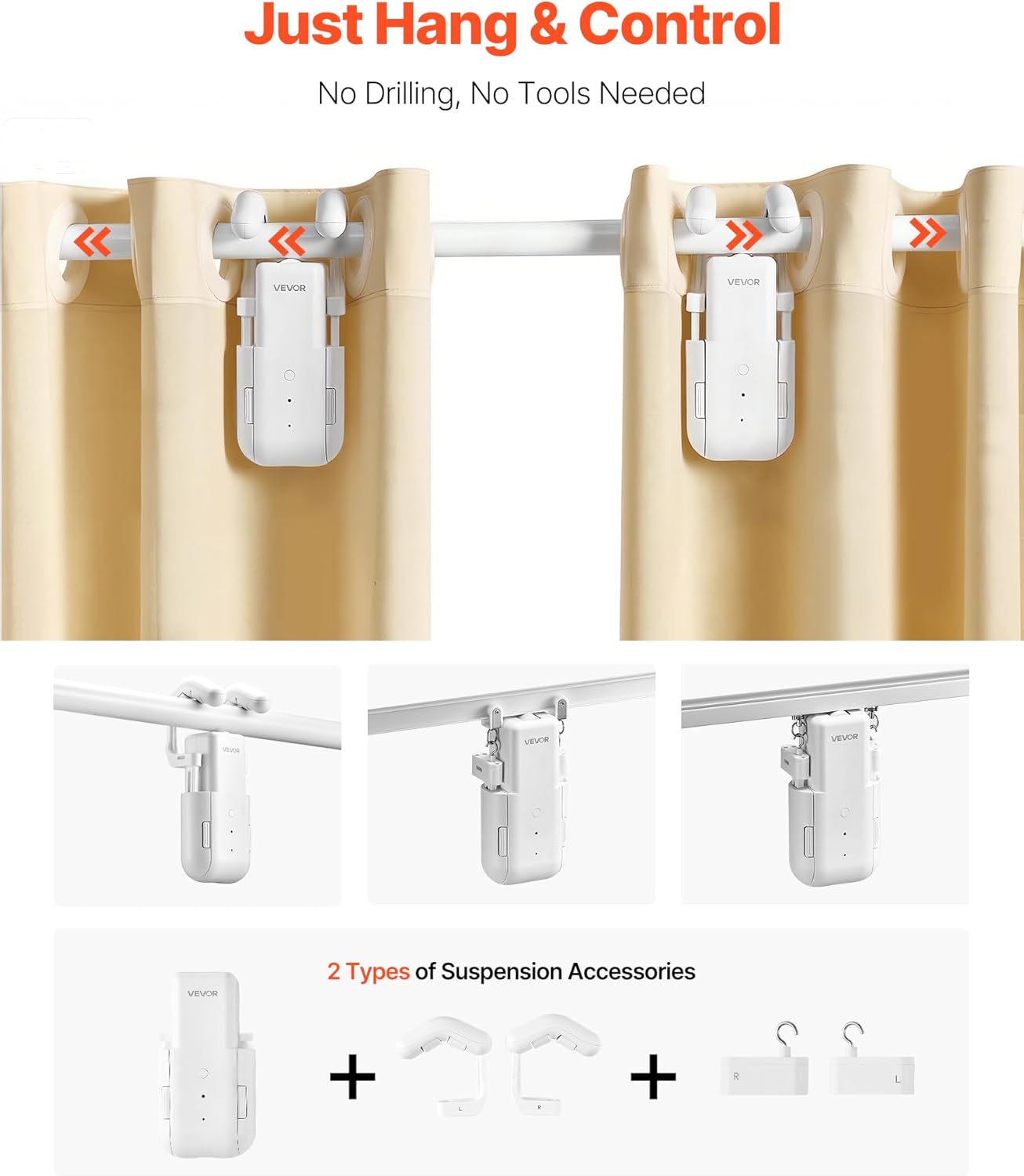 VEVOR Automatic Curtain Opener, 2 Pack, APP and Remote Control, Hub Included, Electric Smart Curtain Opener Compatible with Alexa and Google Home, Timed Opening and Closing, for Roman Rods, U/I Rails For Roman, T/U Tracks - With Gateway