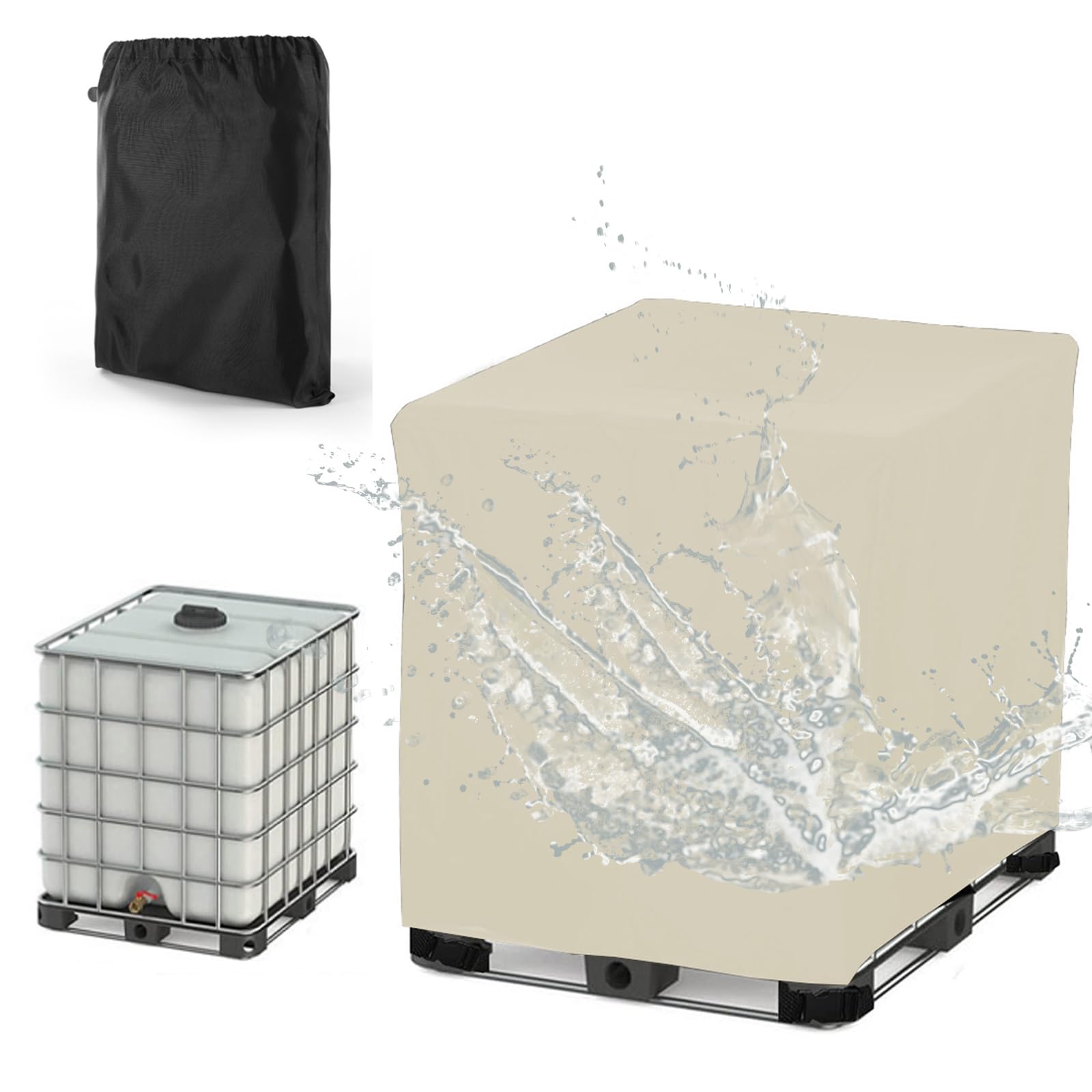 IBC Tank Abdeckung , 1000L/300L/600L/800L Abdeckplane für Ibc Container, 210D Oxford Regenwassertank Schutzhaube Cover,Wasserdichte Schutzhülle Rregentonne(Size:600L :120*80*100CM,Color:Beige)