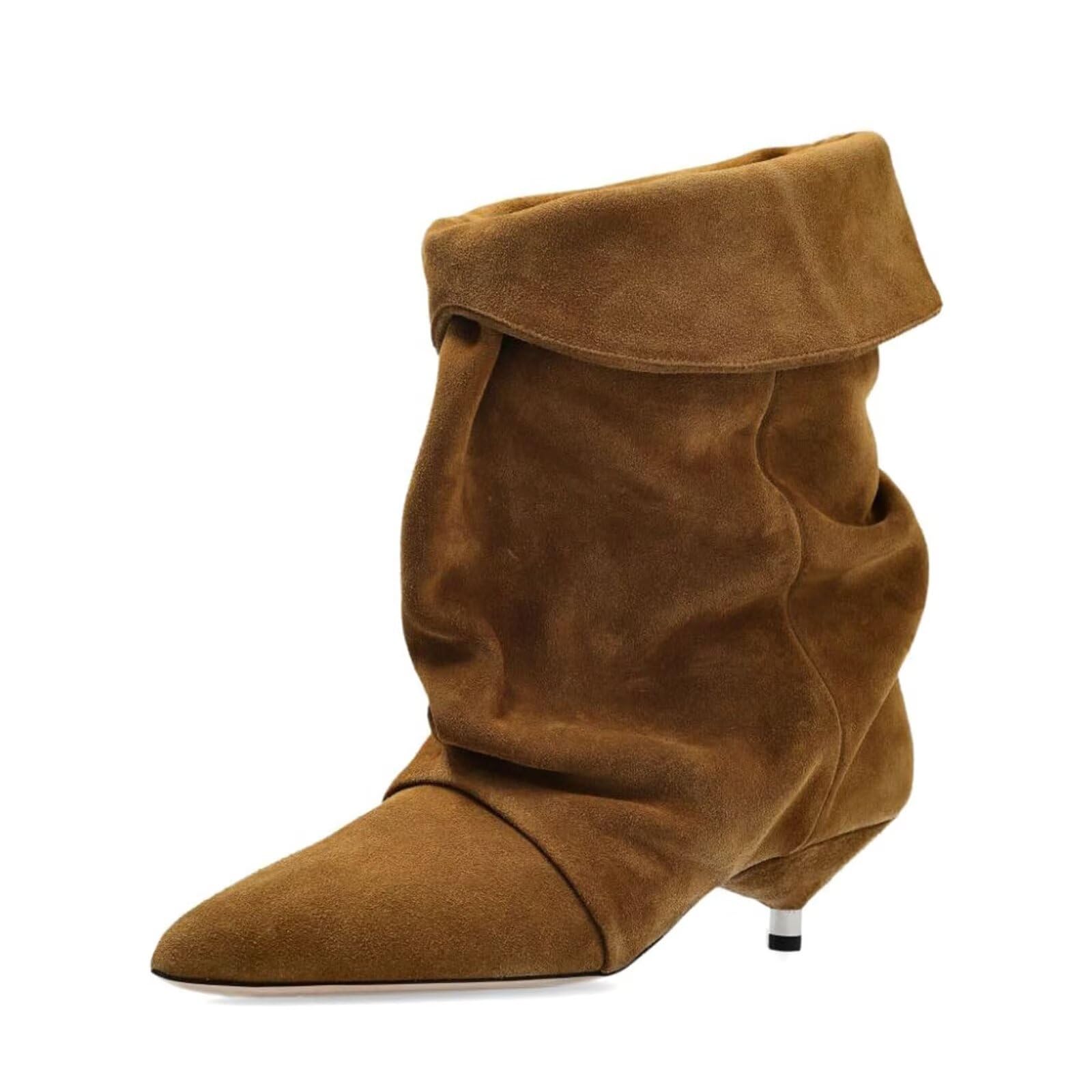 Agodor Suede Brown Solid Ankle Boots for Women Mid Calf Kitten Heels Slouchy Fold Boots Pointed Toe Pull