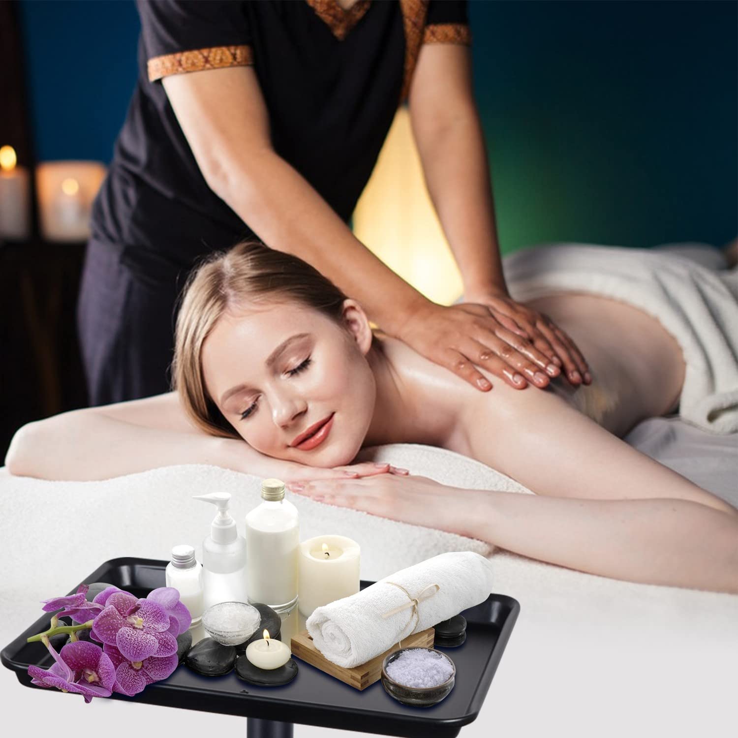 Bandeja de salón con ruedas, carrito de metal para salón de belleza, bandeja enrollable con altura ajustable, bandeja para dentistas, bandeja de tatuaje para uso en salón y spa 5