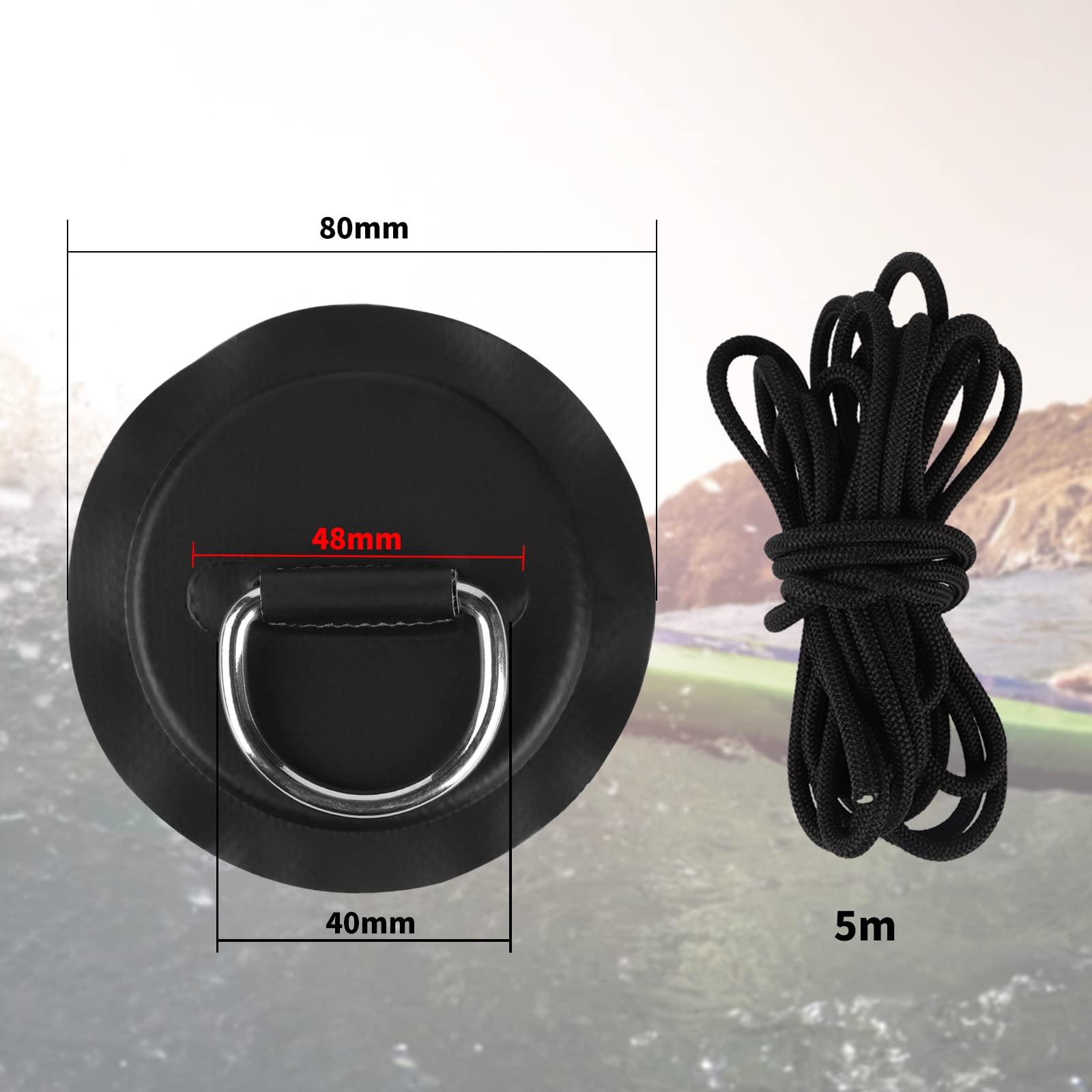 efuturetime 6 x D-Ring Patch Pad, Anello a D in Acciaio Inossidabile con 5m di Cordino Elastico, Paddleboard Accessori per Kayak, Surfboard, PVC Gommone Barca, Nessuna Colla Inclusa