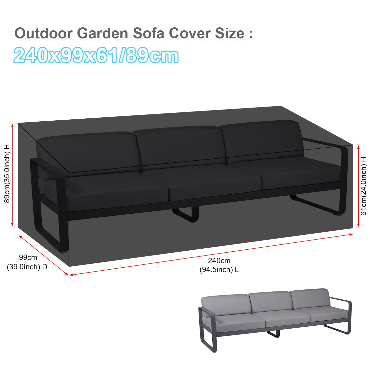 Sofa Abdeckung Outdoor Gartensofa Abdeckhaube Wasserdicht Gartenbank Schutzhülle für 3-4 Sitzer Gartensofa, Loungesofa Plane Gartenlounge Abdeckung Sofa Abdeckplane, 240x99x61/89cm