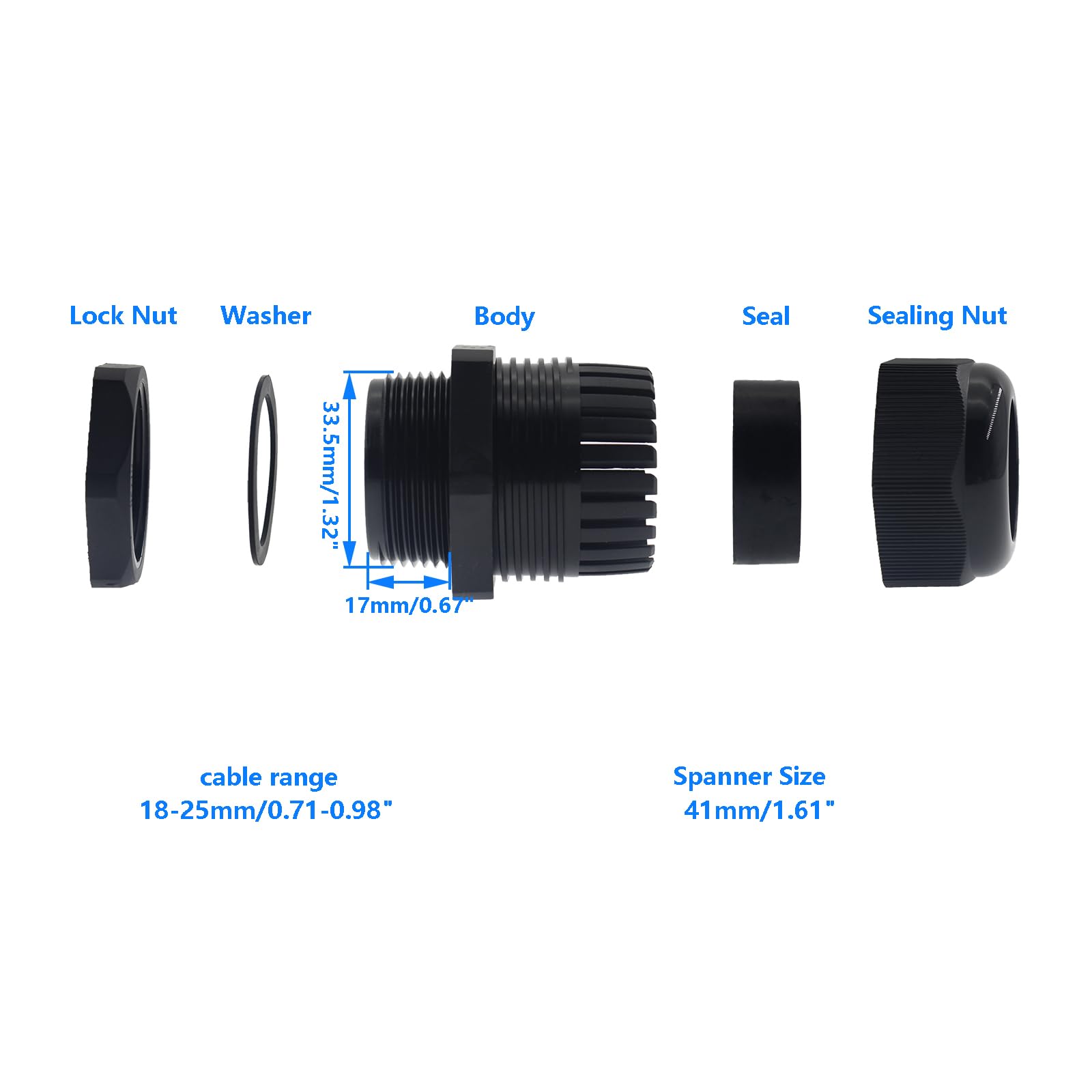 Presa per cavo in nylon NPT da 2,5 cm, 20 pezzi, impermeabile, con pressacavo regolabile, connettore IP68, certificazione CE ROHS, gamma di cavi 18-25, nero