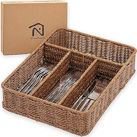 WeeNest Silverware Drawer Organizer, Utensils Drawer Organizer, Utensils Organizer, Kitchen Silverware Organizer, Silverware Organizer for Drawer, Kitchen Essentials, Resin Wicker, Toffee Cover