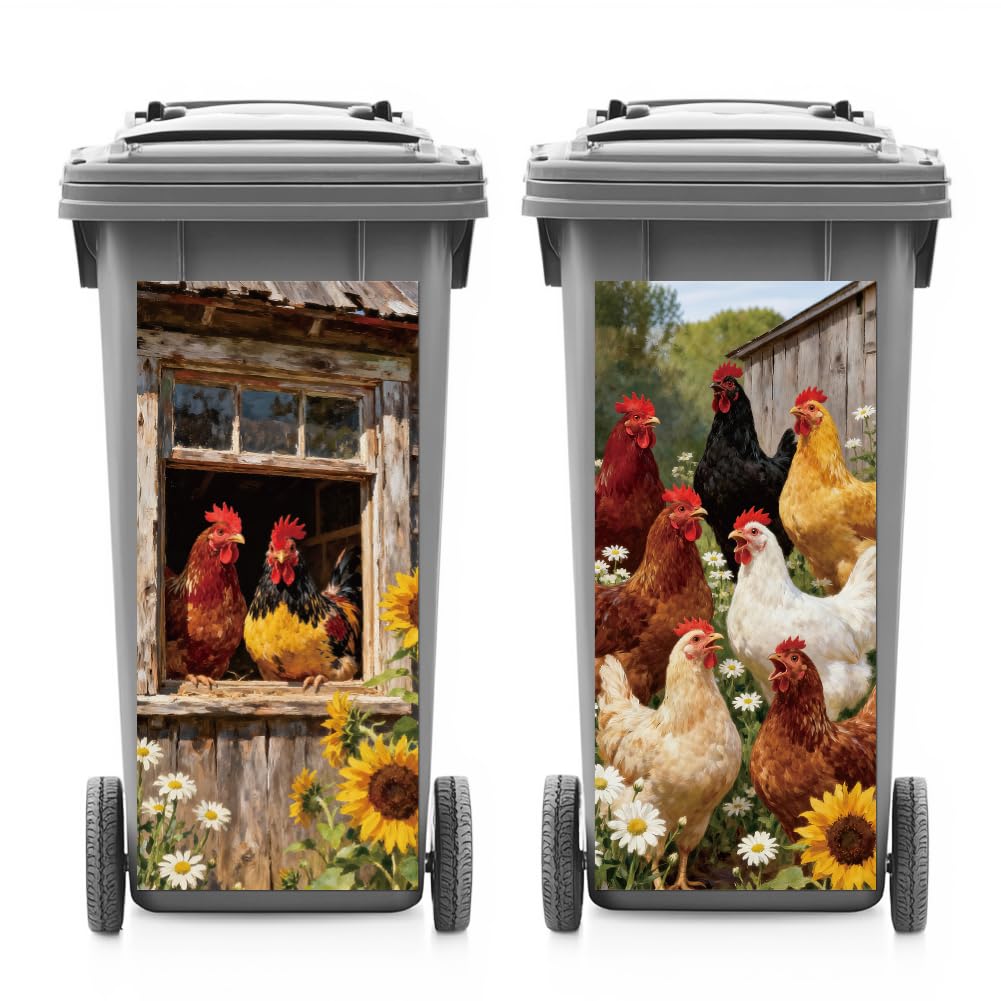 ANATTASOUL 2 Sheets Spring Wheelie Bin Stickers Farmhouse and Chickens Waterproof Dustbin Covers Decor, 14.9"x 32.2" Adhesive Large Decal for Bins, Fridge, Wall, Garden Outdoor, Indoor Decoration