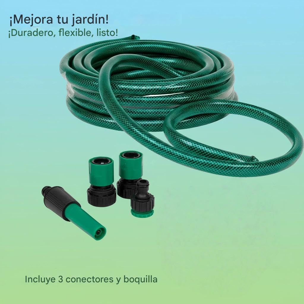 YIJIA | Manguera de jardín - Set Manguera con Conexión y Boquillas para Riego Reforzada 3 Capas, Presión de rotura de 20 bar - Diámetro Ø1/2" (12mm), Verde, Longitud de 30 Metros