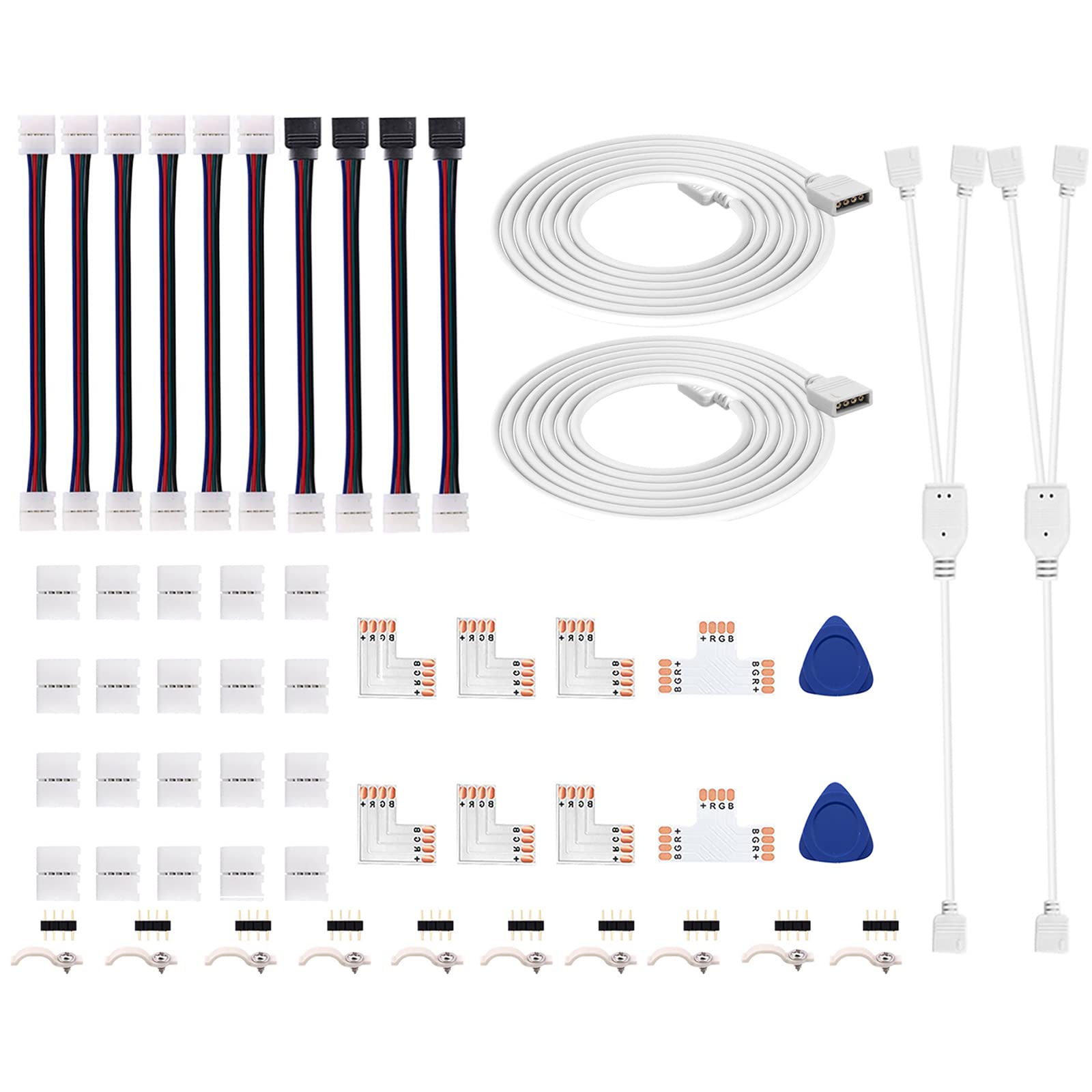 (10MM-10) - 5050 4Pin LED Strip Connector Kit with 2 Way RGB Splitter Cable, 2m RGB Extension Cable, Strip to RGB Controller Jumper, LED strip to strip Jumper, L Shape Connectors, Gapless Connectors