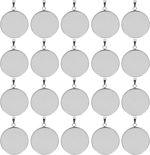 Juego de 20 bandejas colgantes de acero inoxidable, cabujones redondos, biseles, base en blanco, para fotos, collares, pulseras, joyería (plata,