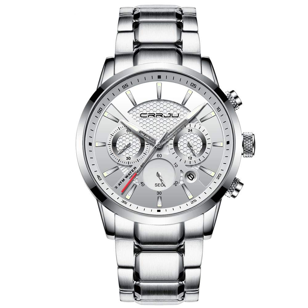CRRJU Men's Business Casual Chronograph Quartz Waterproof Wristwatch Black Leather Strap