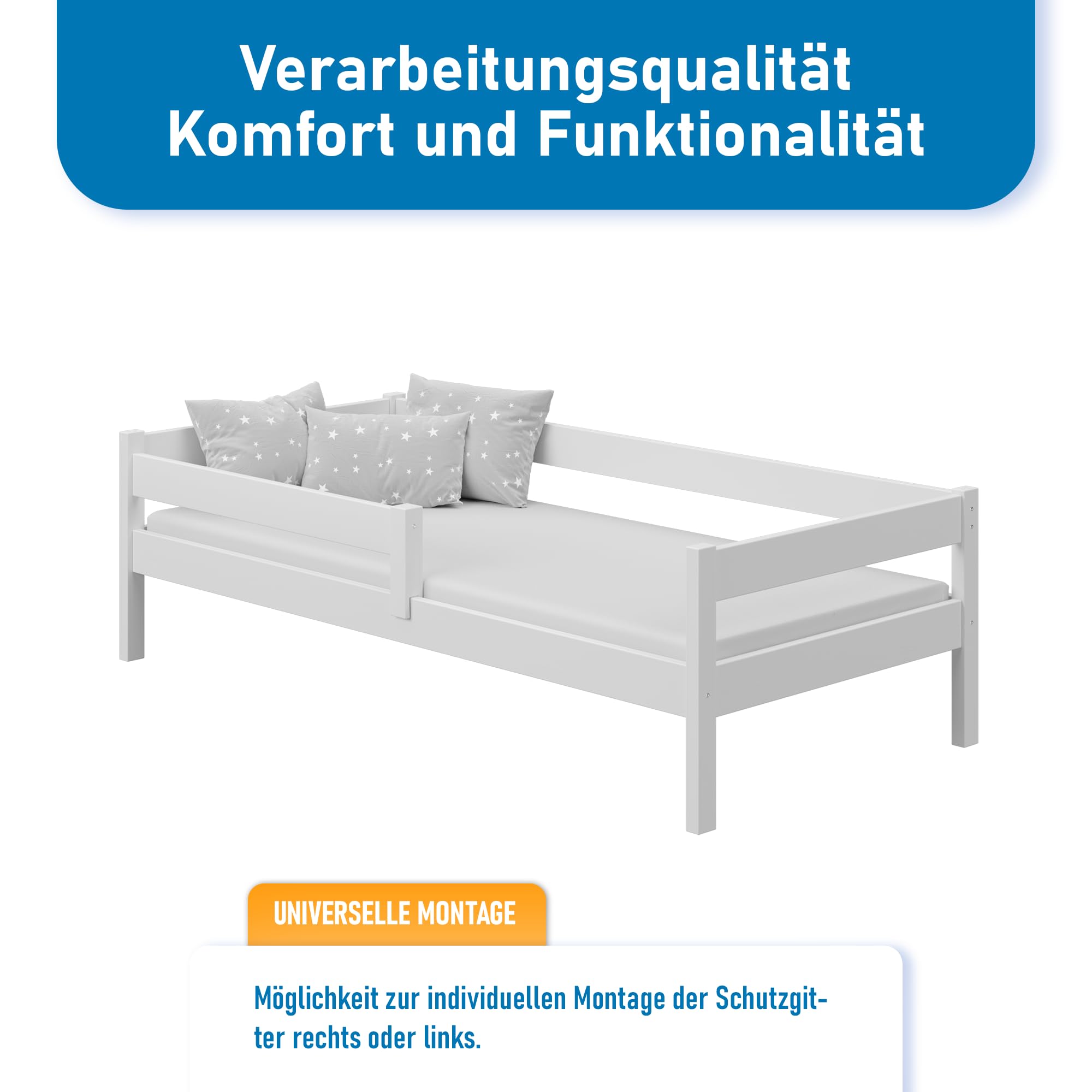 Kinderbett 90x200 cm mit Rausfallschutz & Lattenrost in Weiß, Einzelbett aus Kiefernholz für Kinder Mädchen Jungen Bett
