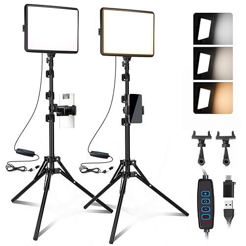 2-Pack LED Video Light Kit, NiceVeedi 2800-6500K Dimmable Continuous Photography Lighting with Tripod Stand & Phone Holder, 63” Studio Light for Video Recording, Shooting, Game Streaming, YouTube - 15w-2 Packs(usb-c Adapters)